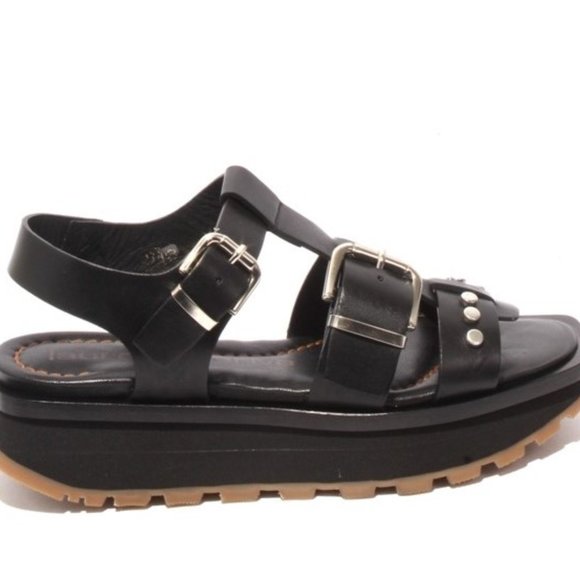 ITALIAN Black Leather Platform Slingback Sandals - Picture 3 of 8